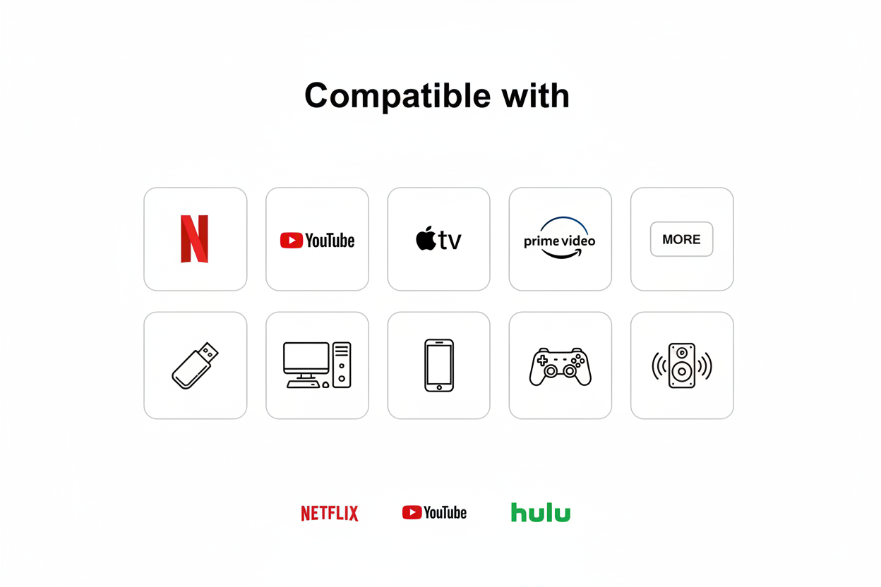 erstelle ein bild. es soll alles schön zentriert und klein sein . es sollen die logos netflix youtube apple tv prime disney und einen eingerahmtne button mit more nebeneinand schön und gleichgross ein alles in boxen. oberhalb des bilder soll stehen compatiblt with und unterhalt sollte alles gleichgrooss und neben an ein usb stick sein ein pc ein smartphone eine plasystation und ein lautsprecher ebenso alles nglecih gross. unterhalb befinden sich dan die zentriert marken wie netflix youtube und das was von m