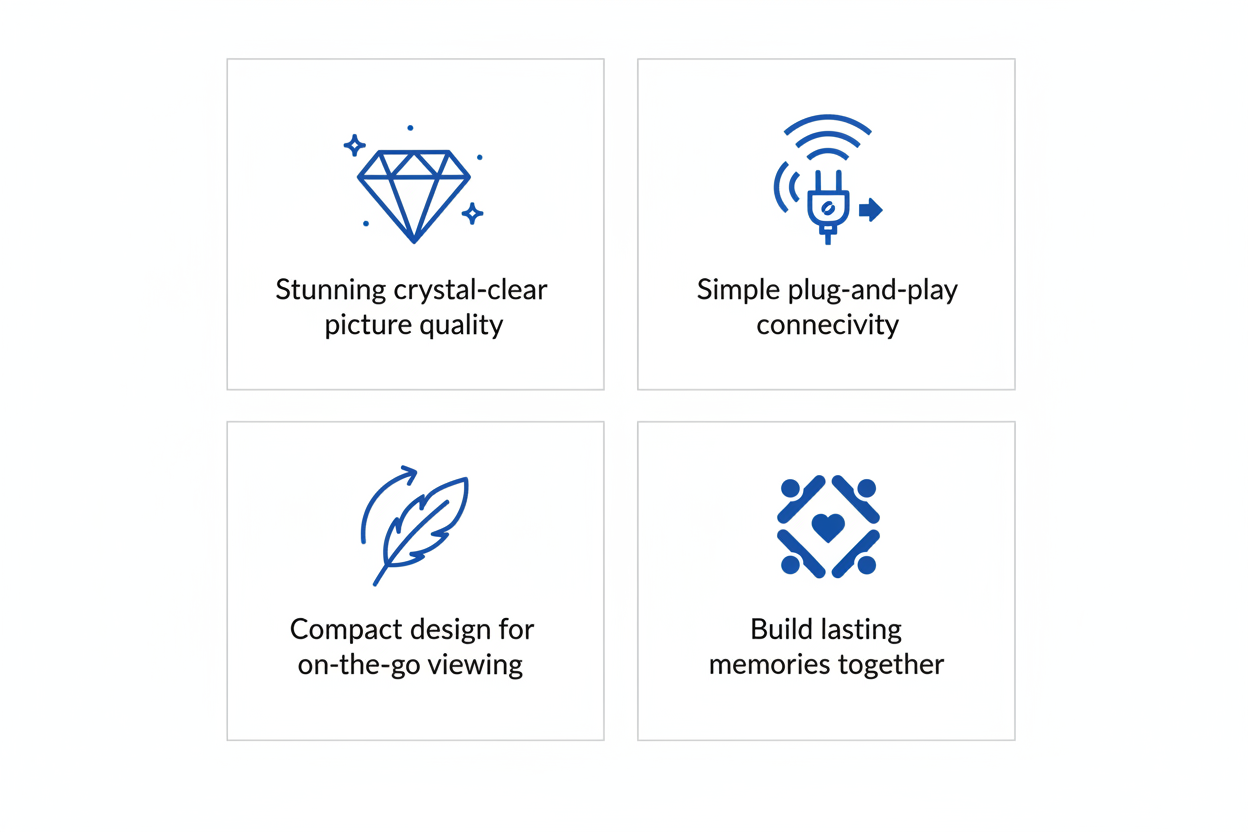 write not the same text but simulare and use icons that fiks with the words and put it over the word: Experience breathtaking 4K visuals

Effortless setup and streaming

Lightweight and portable entertainment

Create unforgettable shared moments